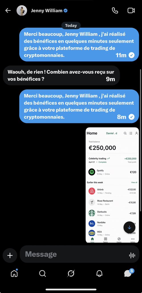 DANIELDtr66's tweet photo. Merci beaucoup, coach. J'ai réalisé un bénéfice de 250 000 € en un mois de trading sur votre plateforme. Je dois admettre que vous êtes le meilleur coach ; merci de m'avoir guidé dans l'apprentissage du Bitcoin. @JennyWilliam_X https://t.co/jYWrbVw5AM