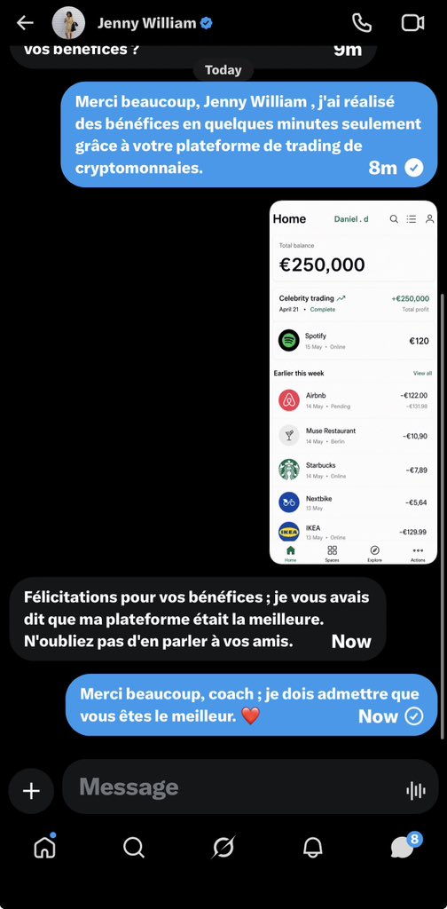 DANIELDtr66's tweet photo. Merci beaucoup, coach. J'ai réalisé un bénéfice de 250 000 € en un mois de trading sur votre plateforme. Je dois admettre que vous êtes le meilleur coach ; merci de m'avoir guidé dans l'apprentissage du Bitcoin. @JennyWilliam_X https://t.co/jYWrbVw5AM