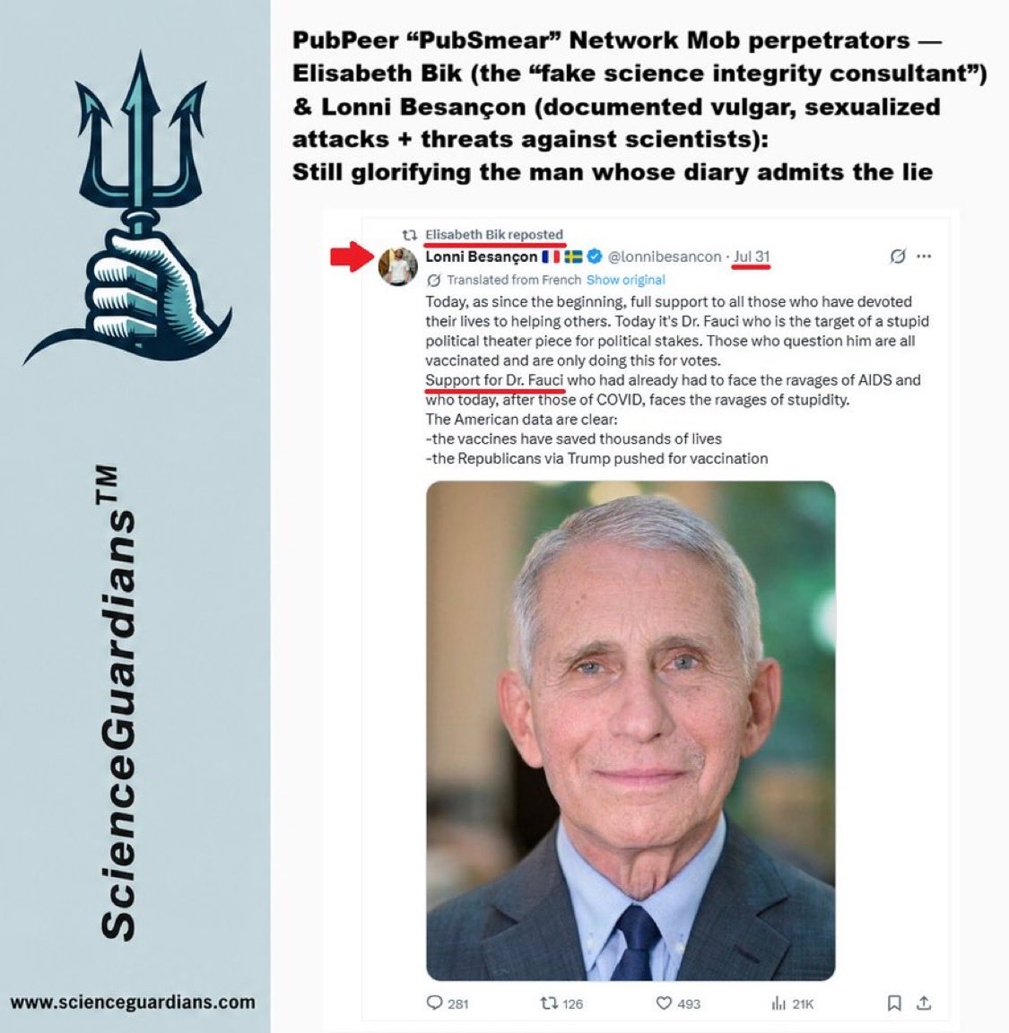 tatiann69922625's tweet photo. 🚨 Ce n’est PAS UNE COÏNCIDENCE : les acteurs malveillants sont tous liés

Il ne s’agit ni d’une accusation ni d’une spéculation.
Il s’agit du journal intime d’Anthony Fauci lui-même — ses propres écrits, ses propres pensées et convictions, exprimées dans ses moments les plus intimes et les plus sincères.

Extrait du journal d’Anthony Fauci (13 août 2022) :

    « Nous pensions les avoir dissuadés de 
    faire cette déclaration selon laquelle les vaccins n’étaient 
    absolument pas efficaces pour prévenir l’infection et 
    la transmission. »

    « De plus, cela saperait les efforts du ministère de la Justice 
    visant à imposer la vaccination dans certaines 
    circonstances. »

    « Le CDC a accepté de revenir sur sa déclaration concernant l’
    inefficacité absolue des vaccins contre les 
    infections et la transmission, et d’adopter une approche plus 
    mesurée en affirmant que les vaccins 
    n’offrent qu’une efficacité modeste et décroissante contre 
    l’infection et la transmission, et que c’est pourquoi nous 
    devons suivre les recommandations concernant l’administration du 
    rapport de rappel mis à jour en septembre. »

Le monde entier en a été témoin. Même bon nombre de ceux qui, autrefois, l’ont imprudemment amplifié et soutenu sont aujourd’hui sous le choc et plongés dans un profond état de regret et de remords —

à l’exception de ceux qui sont profondément impliqués dans ce programme malveillant qui a coûté des millions de vies et causé des souffrances inimaginables à travers le monde,
y compris ceux chargés de harceler, de calomnier et de diffamer les chercheurs et scientifiques dissidents afin de protéger les discours officiels ;
à l’exception de ceux qui ont du sang sur les mains.

📸 Voir l’image : Elisabeth M. Bik, la fausse « consultante en intégrité scientifique », qui — malgré l’indignation et la révolte mondiales — continue de republier un message qui glorifie honteusement Anthony Fauci, tombé en disgrâce.

Le message qu’elle relaie provient de son collègue de PubPeer, Lonni Besançon, auteur de la campagne « PubSmear » , Lonni Besançon, un individu dont le comportement est marqué par des remarques vulgaires, s-e-x-u-a-l-i-s-é-e-s et déshumanisantes à l’encontre de membres de la communauté universitaire, des menaces publiques enregistrées visant à contraindre des scientifiques à retirer leurs articles, ainsi que des antécédents avérés de mensonges, de tromperie et d’auto-incrimination (📌 preuves archivées dans le fil de discussion ci-dessous 🧵).

⚠️ Ce n’est pas une coïncidence.
Même réseau. Même protection. Même refus de se confronter aux propres écrits de Fauci.⬇️