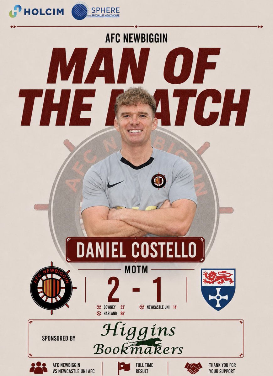 AFCNewbiggin's tweet photo. 2026/27 Match Day 3 - MOTM🌟

Another big win for The ‘Biggin. Man of the Match today is Daniel Costello, sponsored by Higgins Bookmakers!

Well played, Cozzy, class today🔥

#UTB https://t.co/mB5MZmThKH