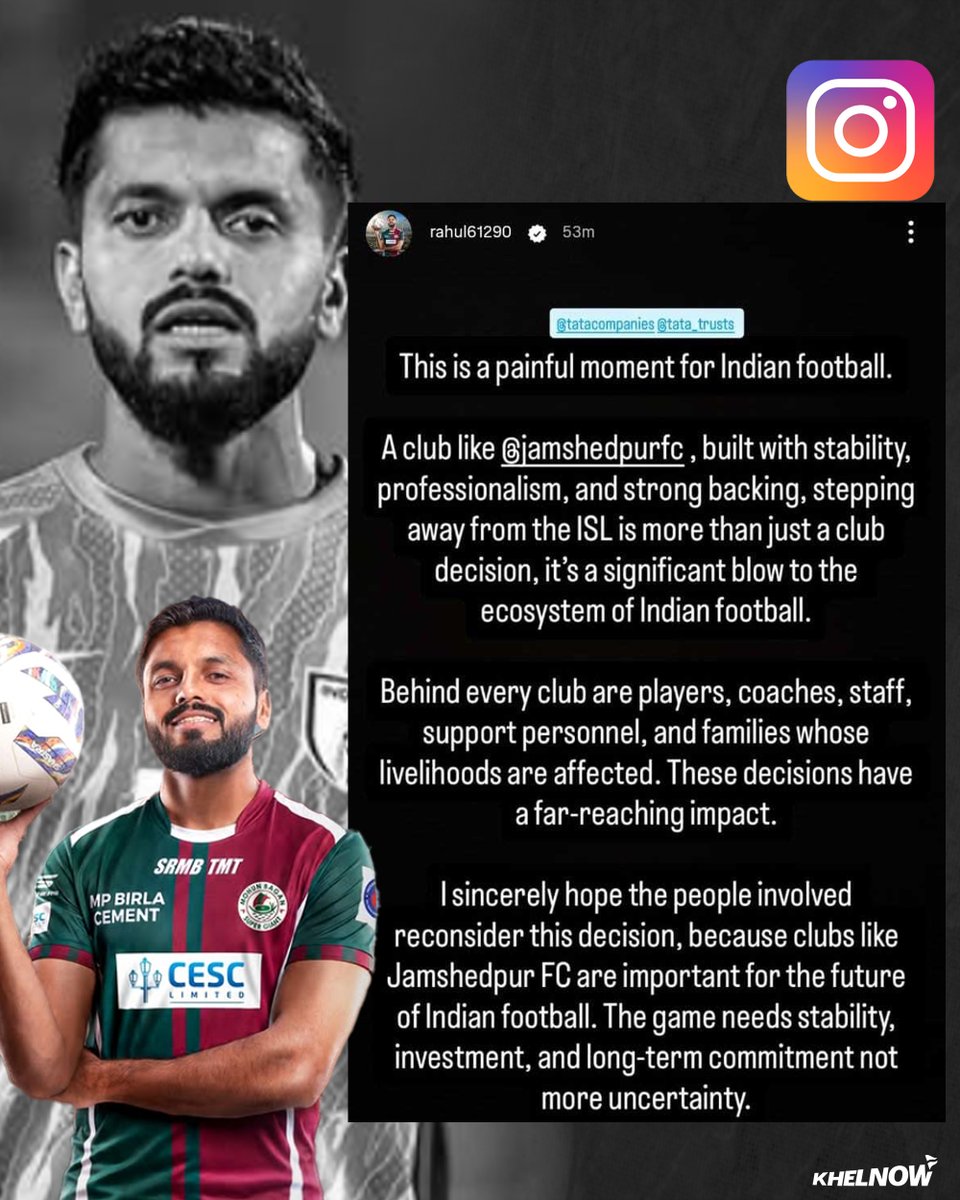 KhelNow's tweet photo. After Nikhil Poojary, India international Rahul Bheke and Bengaluru FC owner Parth Jindal took to social media and expressed their disappointment over Jamshedpur FC's exit, stressing that clubs are the backbone of Indian football emphasizing that stability is vital for the sport's future.

#IndianFootball #ISL #JamshedpurFC