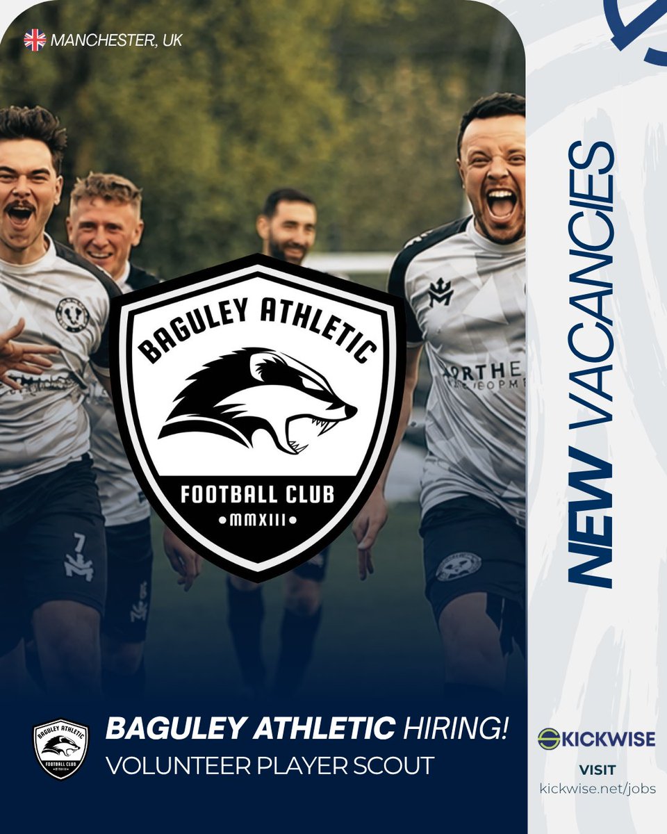 kickwisejobs's tweet photo. Baguley Athletic FC are recruiting a Volunteer Player Scout.
Join the club’s recruitment network and help identify talented players across Manchester and the surrounding area.
Apply via Kickwise:
https://t.co/kTP2mu6SKj
#FootballJobs #FootballScouting #PlayerScout #ManchesterFootball #Kickw