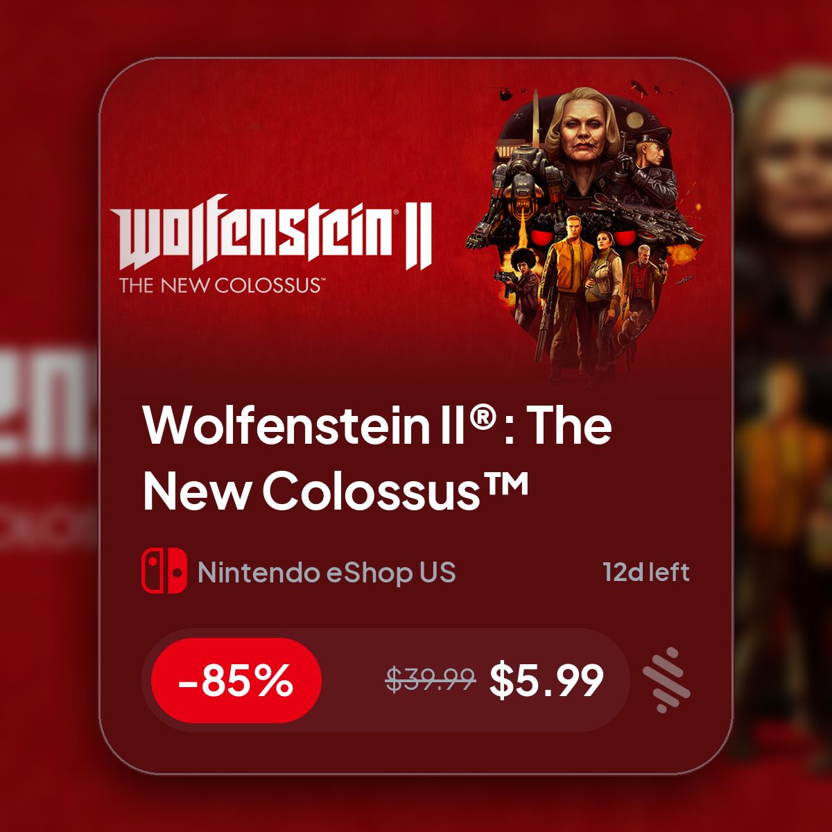 Stathetic's tweet photo. 🎮 Wolfenstein II®: The New Colossus™ -85% off!
$̶3̶9̶.̶9̶9̶ $5.99 | 12d left | Nintendo eShop US

https://t.co/OrGbrVYdDQ

#NintendoDeals #NintendoSwitch #Shooting #Wolfenstein2 #TheNewColossus https://t.co/5oN8syioGi