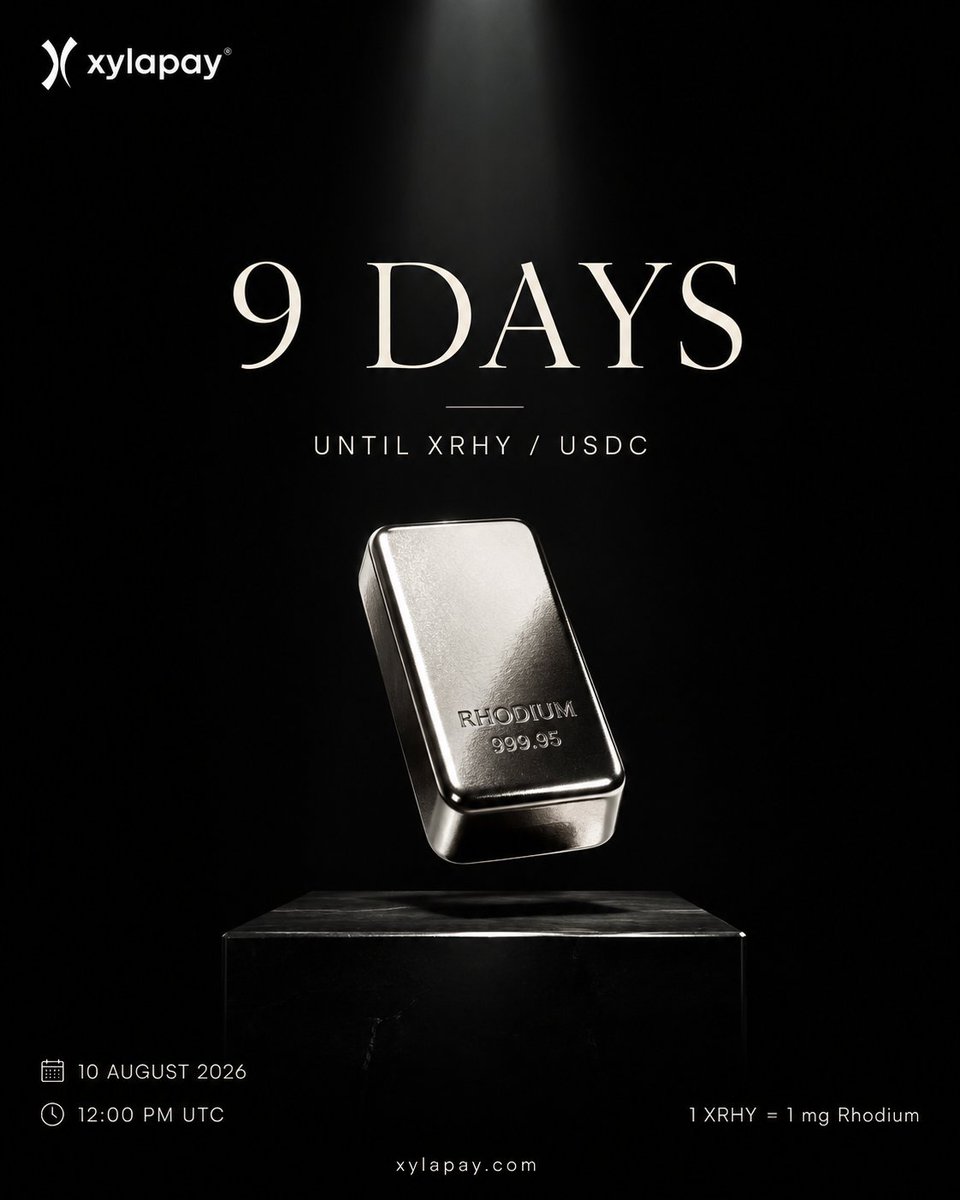 xuraj_s_l's tweet photo. ⏳ 9 Days to Go.

The countdown to XRHY/USDC has officially begun.

🦏 What is XRHY?

XRHY is @xylapay 's Rhodium-backed Real World Asset (RWA) token, where 1 XRHY = 1 milligram of Rhodium—bringing transparent, fractional exposure to one of the world's rarest precious metals.

🚀 Trading Pair: XRHY/USDC

📅 Launch Date: 10 August 2026 

🕛 Time: 12:00 PM UTC

⚡ $XYL remains the native token powering the Xylapay ecosystem.

🦏 XRHY marks the beginning of our vision to bring real-world assets on-chain.

Rare. Real. On-chain.

🌐 https://t.co/FPZDhmN5oC

💬 https://t.co/hblGzbN465

#XRHY #RWA #Rhodium #Tokenization #RealWorldAssets