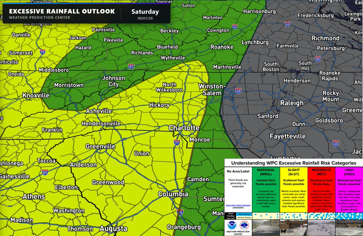 wxbrad's tweet photo. Scattered downpours over the next 3 days could lead to flash flooding. We are under low to medium risk for flooding. Which means localized flood risk, but not everywhere. #cltwx #ncwx #scwx #wcnc https://t.co/Cj8sW5RfWL