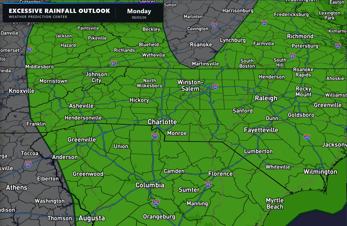 wxbrad's tweet photo. Scattered downpours over the next 3 days could lead to flash flooding. We are under low to medium risk for flooding. Which means localized flood risk, but not everywhere. #cltwx #ncwx #scwx #wcnc https://t.co/Cj8sW5RfWL