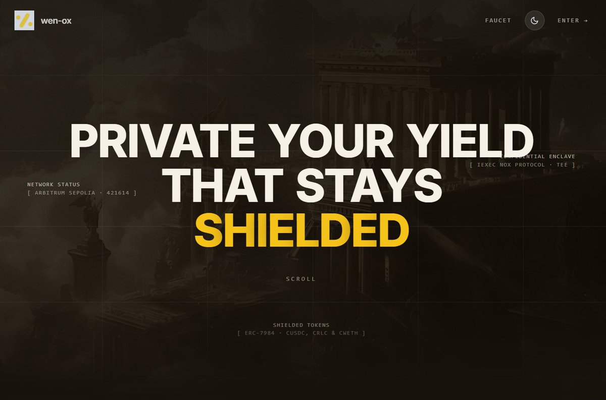 tyodev's tweet photo. Public chains remember everything. The shielded layer forgets. 

Introducing Wen-Ox — a privacy-first shielded yield &amp; confidential swap protocol on Arbitrum Sepolia powered by @iEx_ec  Nox TEE and ERC-7984.

Try the demo now : https://t.co/SNVDpJr3zt https://t.co/NE0muLWwIy