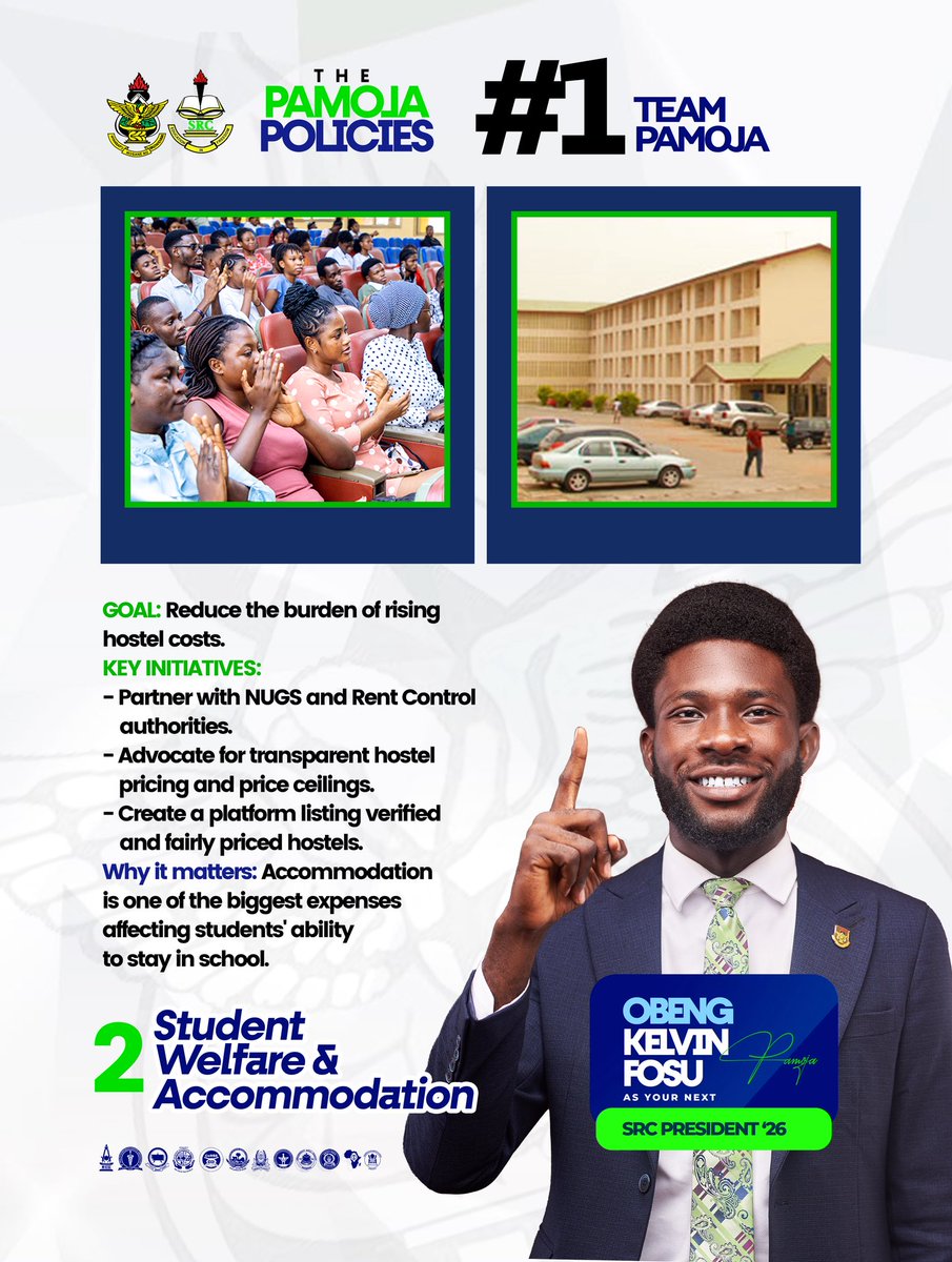 KfObeng's tweet photo. TEAM PAMOJA: POLICY TWO 2️⃣
Student Welfare & Accommodation 🏠💚

Affordable accommodation is not a luxury; it is essential for every student’s success.

Team #PAMOJA is committed to reducing the burden of rising hostel costs and ensuring that every student has access to safe, affordable, and decent accommodation.

Through strategic partnerships and advocacy, we will work to promote transparent hostel pricing, engage relevant authorities, and create a reliable platform for students to access verified and fairly priced accommodation options.

Because no student should struggle to stay in school because of the cost of finding a place to live.

On August 5, choose leadership that listens, understands, and acts.

Vote #1. Vote Team PAMOJA. 💚
Vote OBENG KELVIN FOSU #1