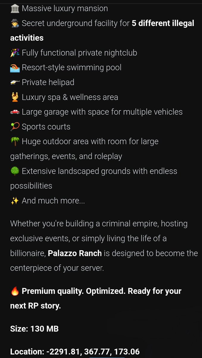M3Z0S's tweet photo. PALAZZO RANCH ποΈ
50$
#MEZOS
#FIVEM
#GTA
#SCRIPT
#MLO https://t.co/a8o6PJSWNV