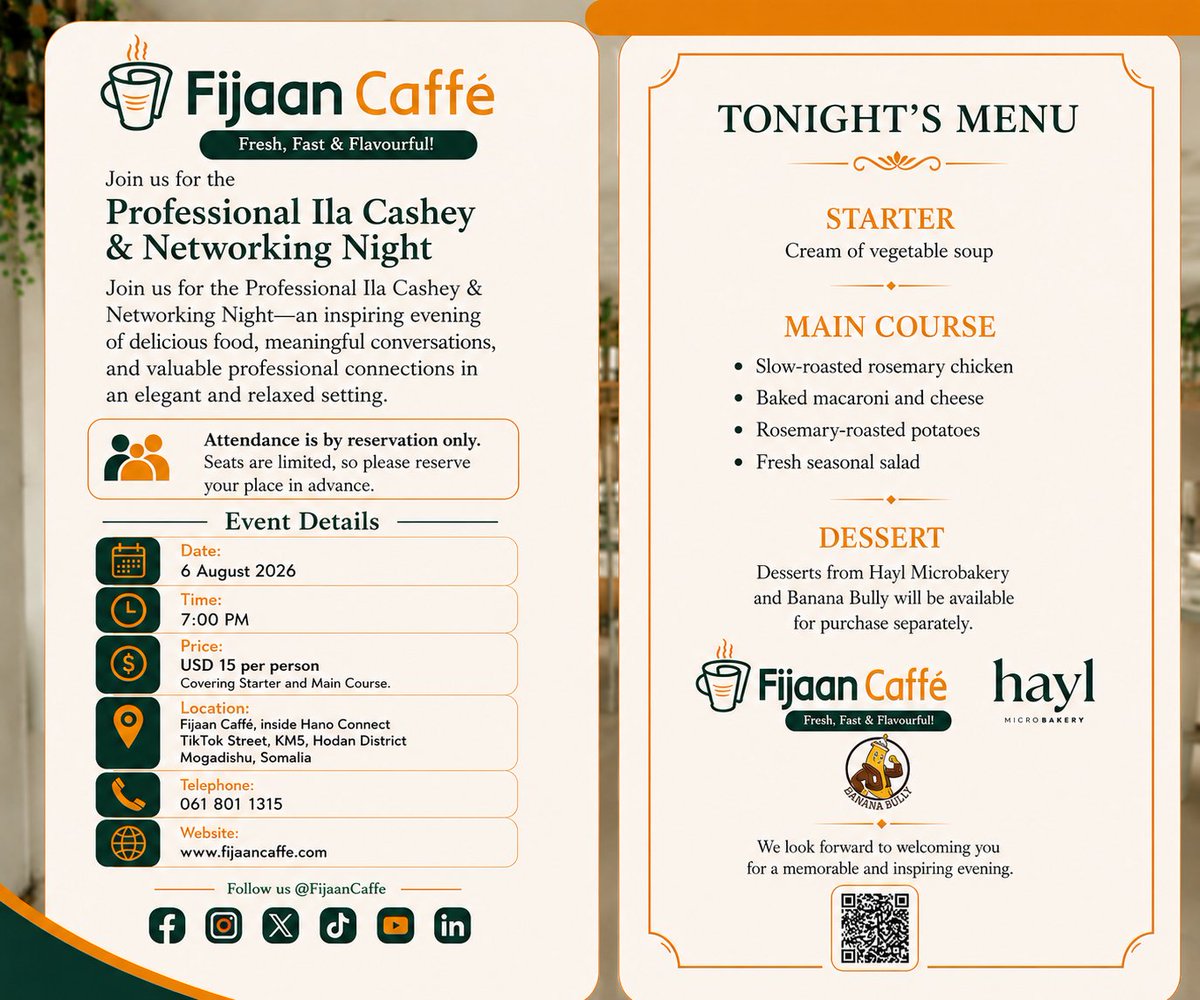 FijaanCaffe's tweet photo. Join us for Fijaan Caffè’s Professional Ila Cashey & Networking Night—an evening of great food, meaningful conversations & valuable connections.
📅 6 August | 🕖 7:00 PM
💵 $15 per person
📞 061 801 1315
Seats are limited—reserve now!
#FijaanCaffe #ProfessionalNetworking https://t.co/6UmIch244Q