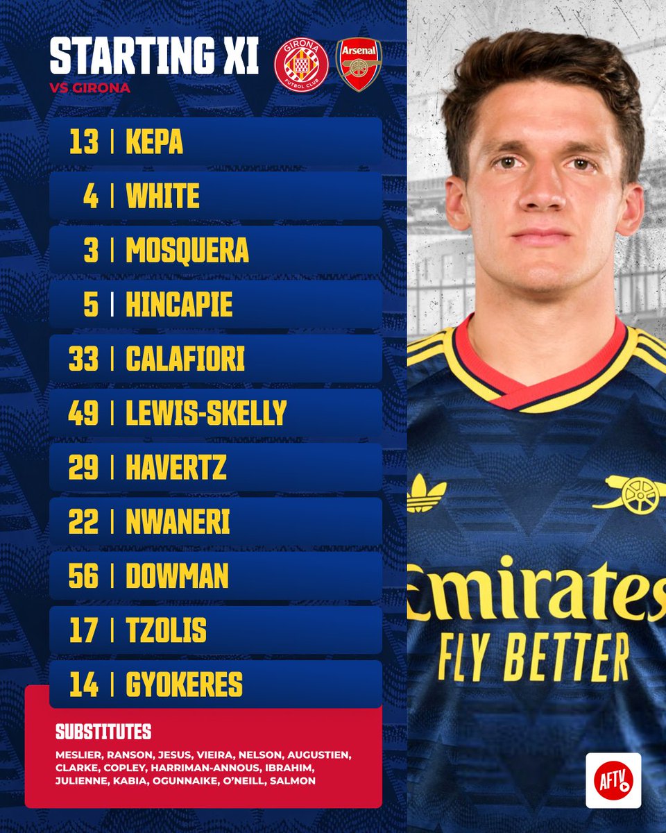 AFTVMedia's tweet photo. Our 𝐒𝐓𝐀𝐑𝐓𝐈𝐍𝐆 𝐗𝐈 against Girona tonight! 👊

Thoughts on the team selection? 🤔 https://t.co/L5B0i2aPYN