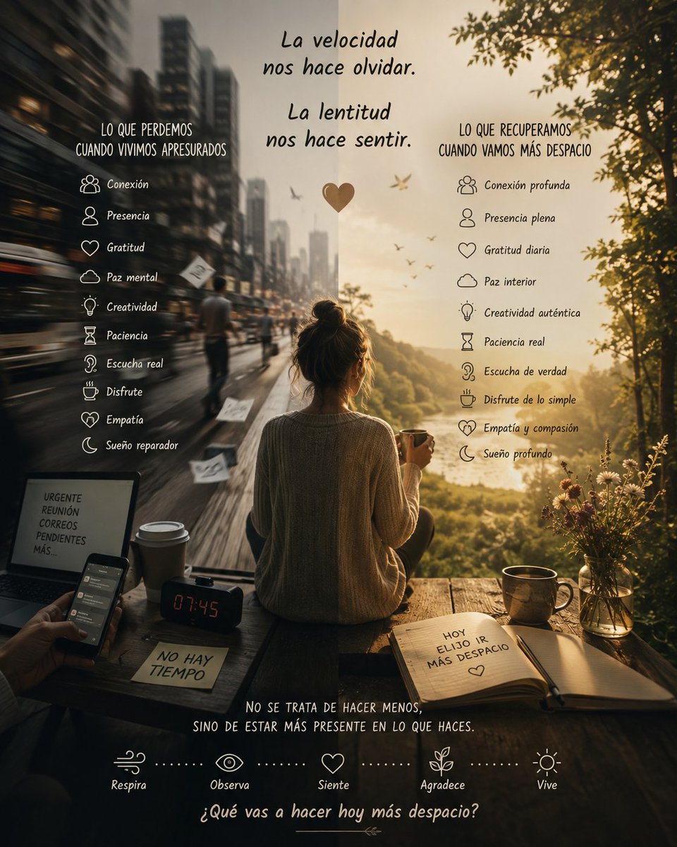 VictorVital300's tweet photo. Haz algo más despacio hoy. Camina sin prisa, come sin prisa, habla sin prisa. No es perder el tiempo, es volver a sentir. La prisa no te acerca a ninguna parte; solo te aleja de ti mismo. ¿Qué harás hoy con más calma?#SinPrisa  #ViveElMomento #Conciencia  #saludmental #bienestar https://t.co/olpMgJewl5