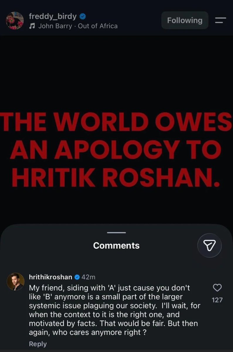 choga_don's tweet photo. Latest E lafda ft Hrithik & Kangana👀

>Kangana exposed CJP

>Saurav said she targeted for resembling young Hrithik

>Freddy Birdy posted world owes Hrithik an apology

>Hrithik replied tht he awaits facts over trend

>Kangana posted Insta story tht he should stop fueling drama

She also said you look good with Saba.

Queen Kangana stands firm against online bullying,
