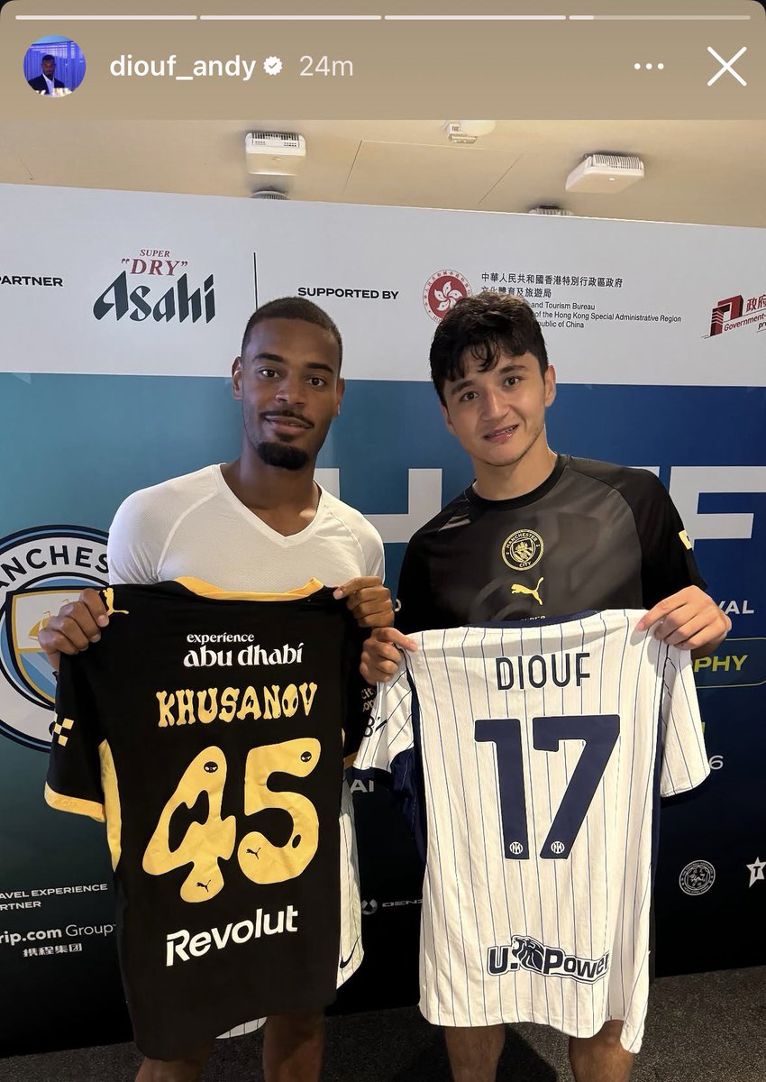 Inter_Xtra's tweet photo. Former Lens teammates, Andy Diouf and Abdukodir Khusanov, swap shirts after Manchester City vs. #Inter in Hong Kong!

🇫🇷🤝🇺🇿 https://t.co/yA2Z5JLWXX