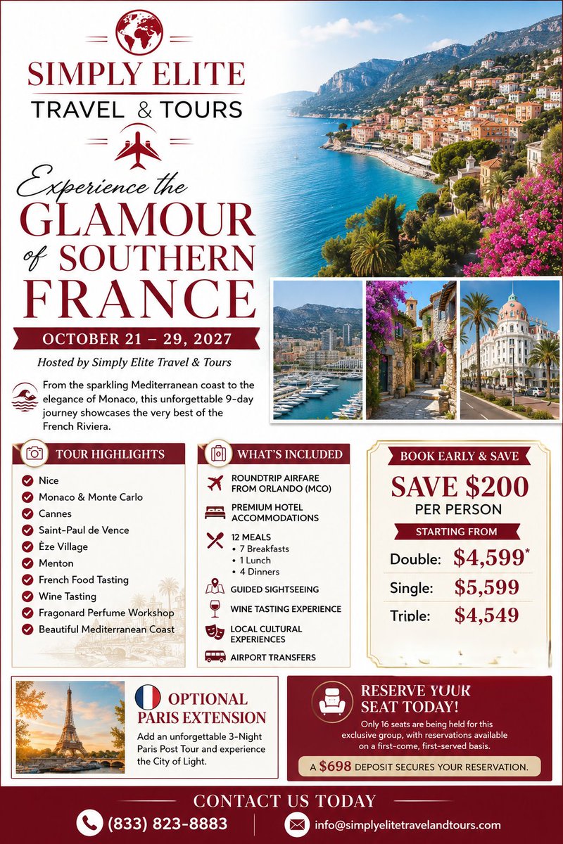 tours_simply's tweet photo. ✨ Experience the Glamour of Southern France ✨

Join Simply Elite Travel &amp; Tours on an unforgettable 9-day journey through the French Riviera, featuring Nice, Monaco &amp; Monte Carlo, Cannes, Saint-Paul de Vence, Èze Village, Menton, and more.

From sparkling Mediterranean... https://t.co/FEbfJVmeS7