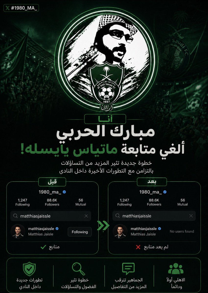 1980_M_A's tweet photo. � تنبيه:
لا أحد يزعل… حتى أنا مبارك الحربي ( @1980_MA_ ) ألغيت متابعة ماتياس يايسله. 😅
#الاهلي https://t.co/MkNZzrD8wq