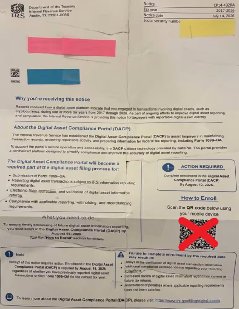 JoshMcGruff's tweet photo. There's a scam going around where people are receiving physical letters in the mail imitating the IRS stating you need to enroll in the "Digital Asset Compliance Portal" (which isn't a thing)

Scanning the QR code leads you to a fake IRS branded site irs[.]digitalcomplianceportal[.]com which asks a bunch of profiling questions like personal info, what exchanges you use, how much crypto you have, then a "hand-off" to get verified.

At this point, you'll get a phone call from a scammer that will try and convince you to hand over your MFA codes.

Coinbase released a blog regarding this if you want more details:
https://t.co/szxYMGkrXU