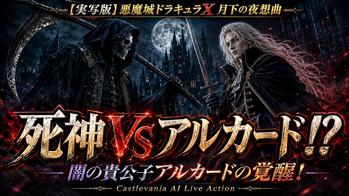 RGCS2026's tweet photo. 悪魔城ドラキュラX 月下の夜想曲を実写映画化！？

満月の夜。棺で眠るアルカードが、静かに目を開く。

死神とアルカードの対峙

闇の貴公子アルカードの覚醒

▶ [YouTube URL]
https://t.co/nXJyEyA9gw

#悪魔城ドラキュラ #月下の夜想曲 #AI実写化 https://t.co/U7r7RQitRA