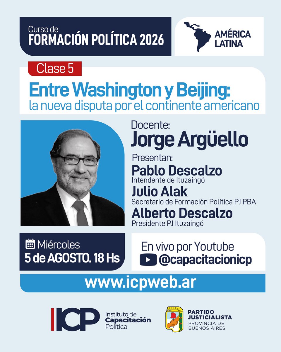 PJLaPlata16's tweet photo. ¡Retomamos el Curso de Formación Política 2026! Comienza el Módulo 2 con una pregunta que nos invita a pensar el presente de nuestra región: ¿Qué se disputan Washington y Beijing en América Latina? https://t.co/yvzLiZsNlp