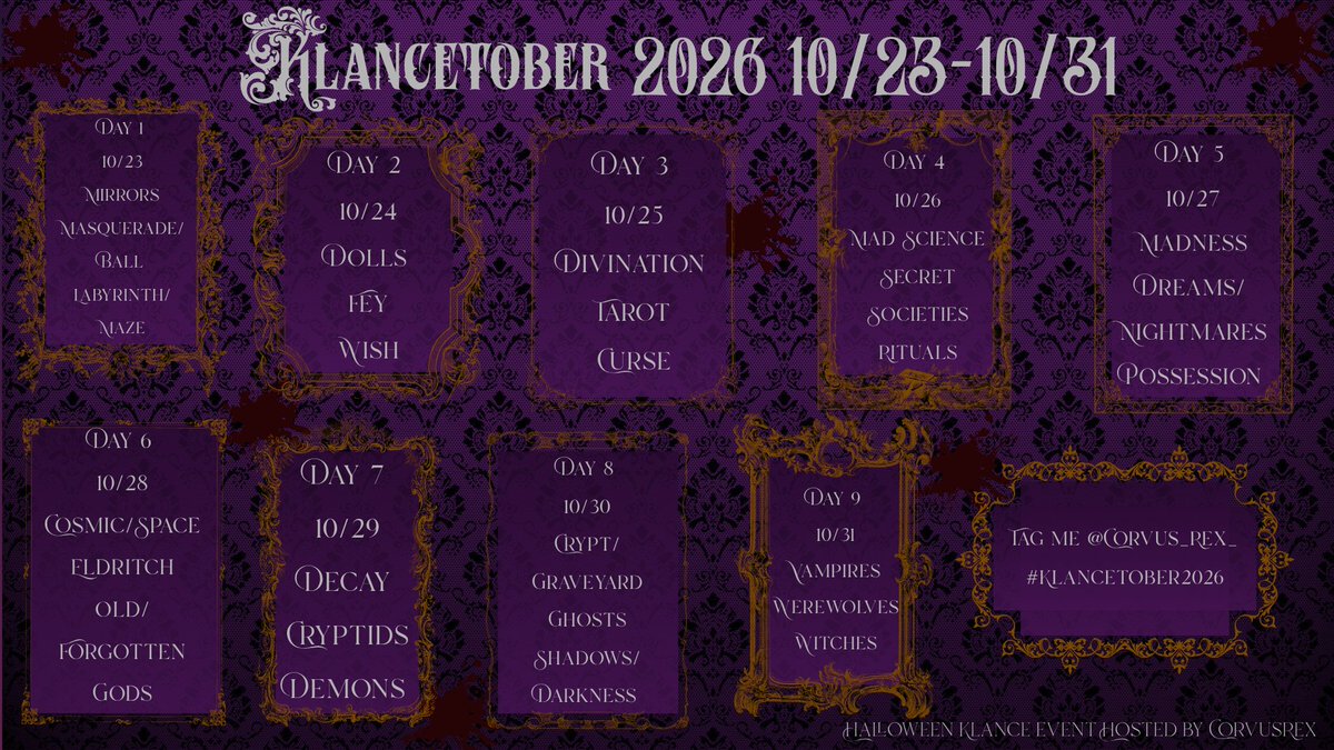 klancetober's tweet photo. #klancetober2026 full prompt graphic is here! https://t.co/S9xy2kAxpd