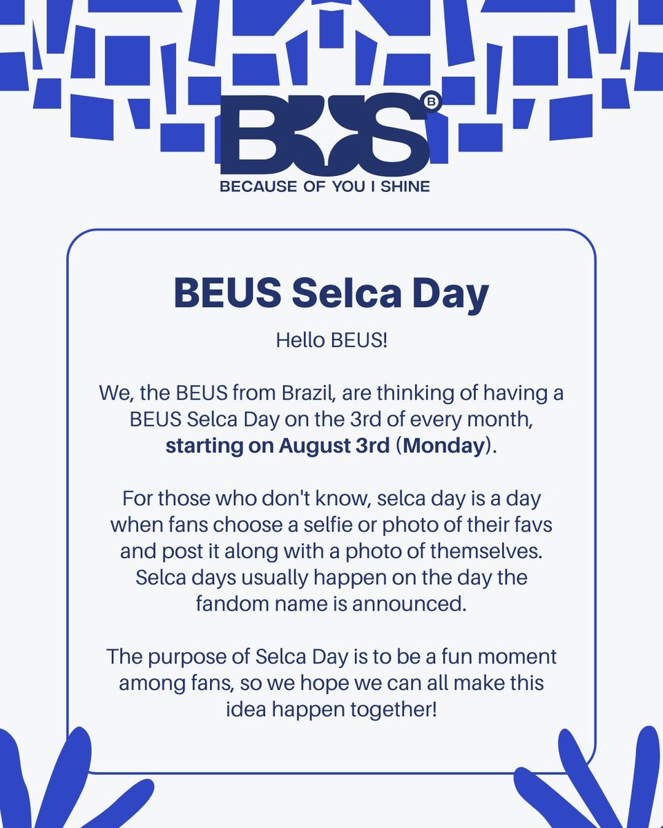 hyulipse's tweet photo. Hello BEUS! 🚍

We, the BEUS from Brazil, are thinking of having a BEUS Selca Day on the 3rd of every month, starting on August 3rd (Monday).

The purpose of Selca Day is to be a fun moment among fans, so we hope we can all make this idea happen together 

#becauseofyouishine https://t.co/6pMpeHTGtU