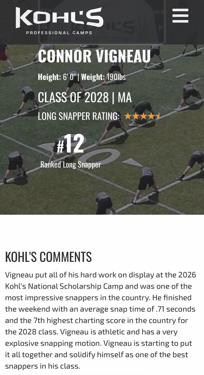 connor_vig2028's tweet photo. After a great @KohlsSnapping NSC, I am beyond grateful to announce I am officially a 4.5 star and 12th in the nation! Can’t wait for a great junior season!
@coachsullivan63 @WalpoleFootball @CoachLenson @Coach_Casper https://t.co/QxWsRavIpl