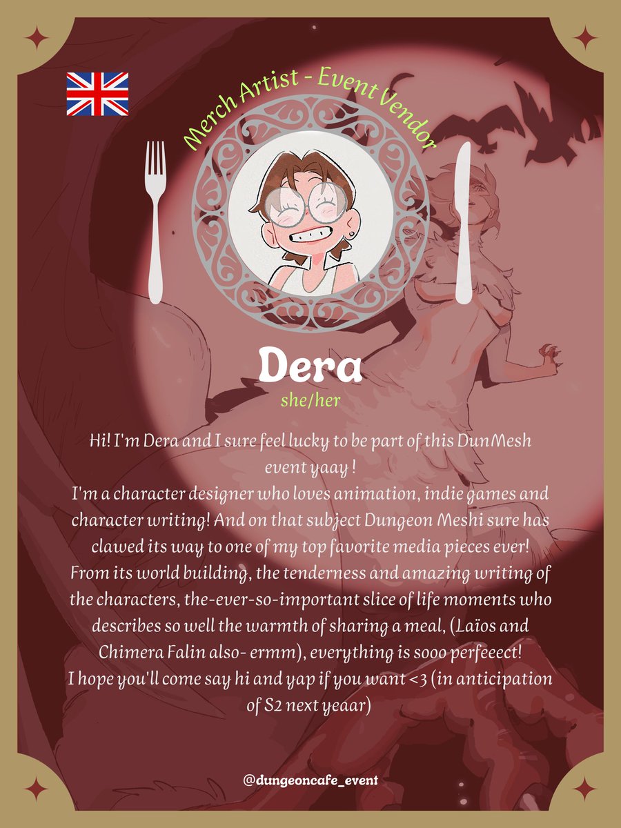 dungeon_cafe's tweet photo. MERCH ARTIST REVEAL 🍄💨

Please welcome Dera !

🗝️ Dungeon Cafe, a Dungeon meshi fan Event
📍Central cos café, Paris 🇫🇷
📆 October 17 &amp; 18

#deliciousindungeon #dunmeshi https://t.co/WqQoVSQxdr