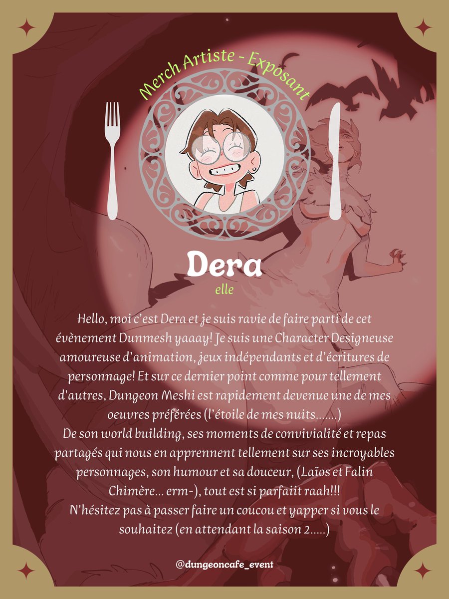 dungeon_cafe's tweet photo. ANNONCE ARTISTE 🍄💨

Veuillez accueillir Dera !

🗝️ Dungeon Cafe, un fan event Dungeon meshi
📍Central cos café, Paris 🇫🇷
📆 17 &amp; 18 Octobre

#gloutonsetdragons #dunmeshi https://t.co/cu5V1ij0xw