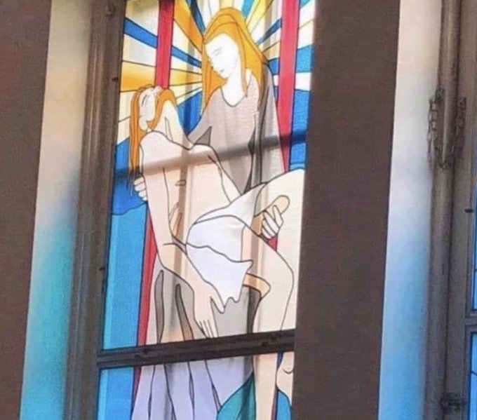 StansaidAirport's tweet photo. That’s the new stained glass window fitted in the airport chapel! Oh ffs… https://t.co/tariOSLb72