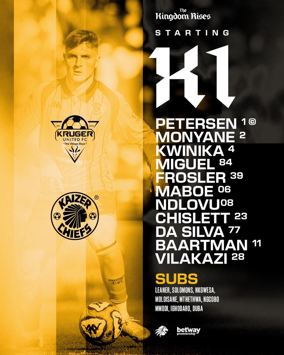 KaizerChiefs's tweet photo. Betway Premiership: Kruger United vs. Kaizer Chiefs

Starting 11: Petersen ©, Monyane, Kwinika, Miguel, Frosler, Maboe, Ndlovu, Chislett, Da Silva, Baartman, Vilakazi

Subs: Leaner, Solomons, Nkgwesa, Moloisane, Mthethwa, Ngcobo, Mmodi, Ighodaro, Duba

Head Coach: Fernando Da Cruz 

#TheKingdomIsRising #Amakhosi4Life #TheKingdomRises #LoveAndPeace #BetwayPrem