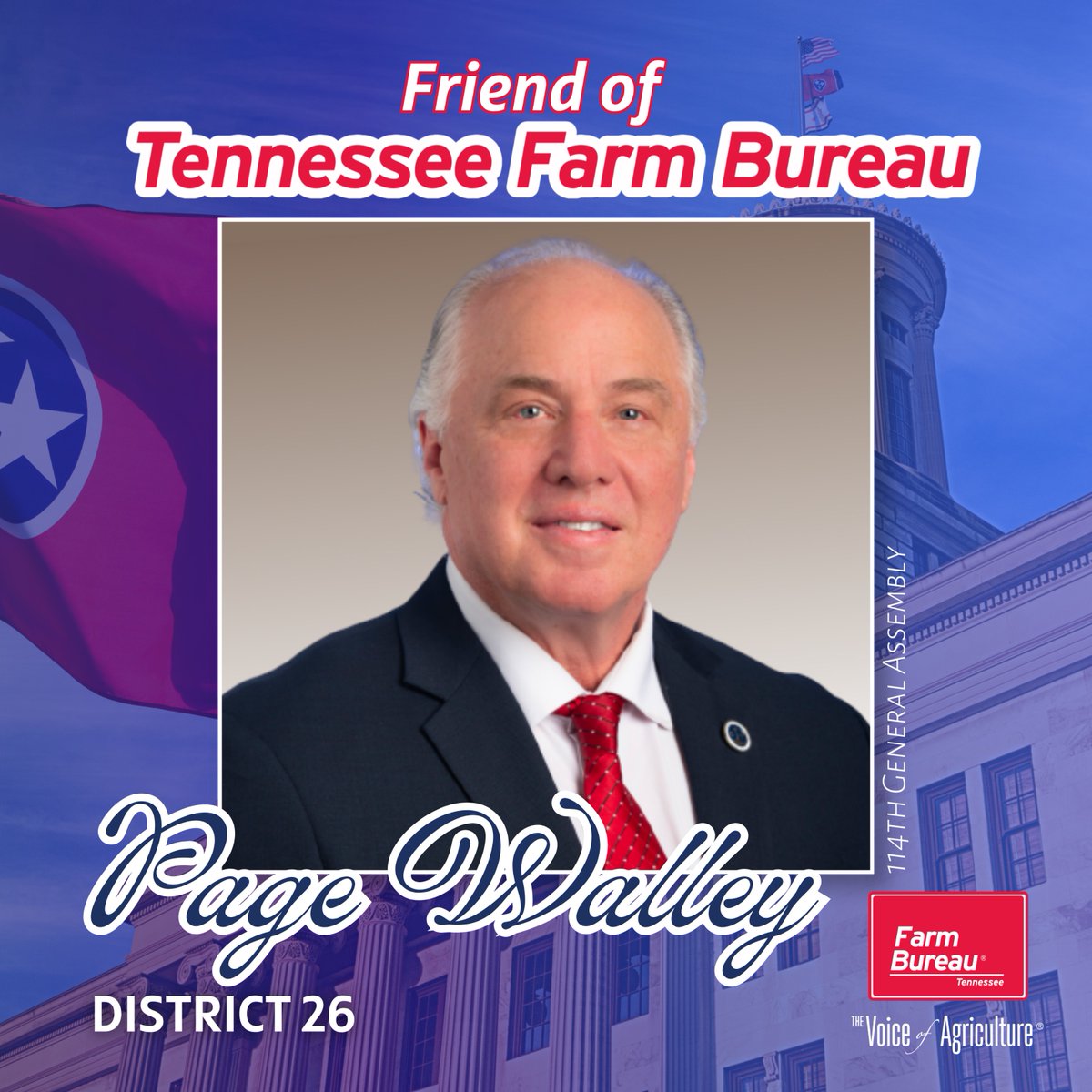 TNFarmBureau's tweet photo. Congratulations to @PageWalley on being named an inaugural Friend of Farm Bureau Award recipient! Thank you for your commitment to Tennessee agriculture and the farmers who feed, fuel and clothe our state.
Read more ➡️ https://t.co/S48QzvodbZ
#TNFarmBureau | #FriendofTNFB https://t.co/Rwb0A86LVh