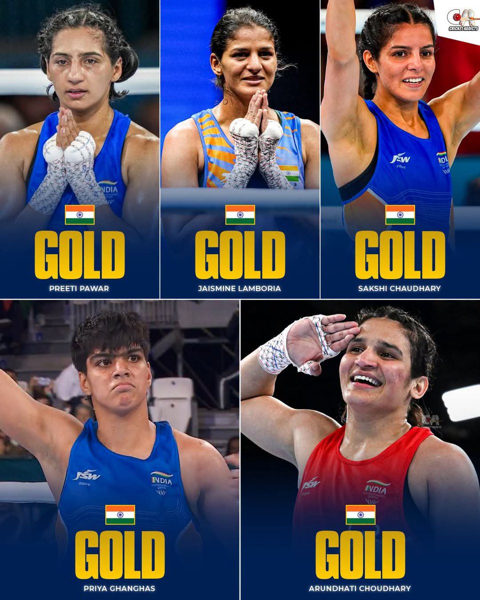 Pacificsingh14's tweet photo. A Golden day for India so far in the Commonwealth Games. As all women have won Gold Medal🥇 in Boxing till now. 
1.Preeti Pawar
2. Jaismine Lamboria 
3. Sakshi Chaudhary 
4.Priya Ghanghas 
5. Arundhati Chaudhary https://t.co/I8gDX9jN8T