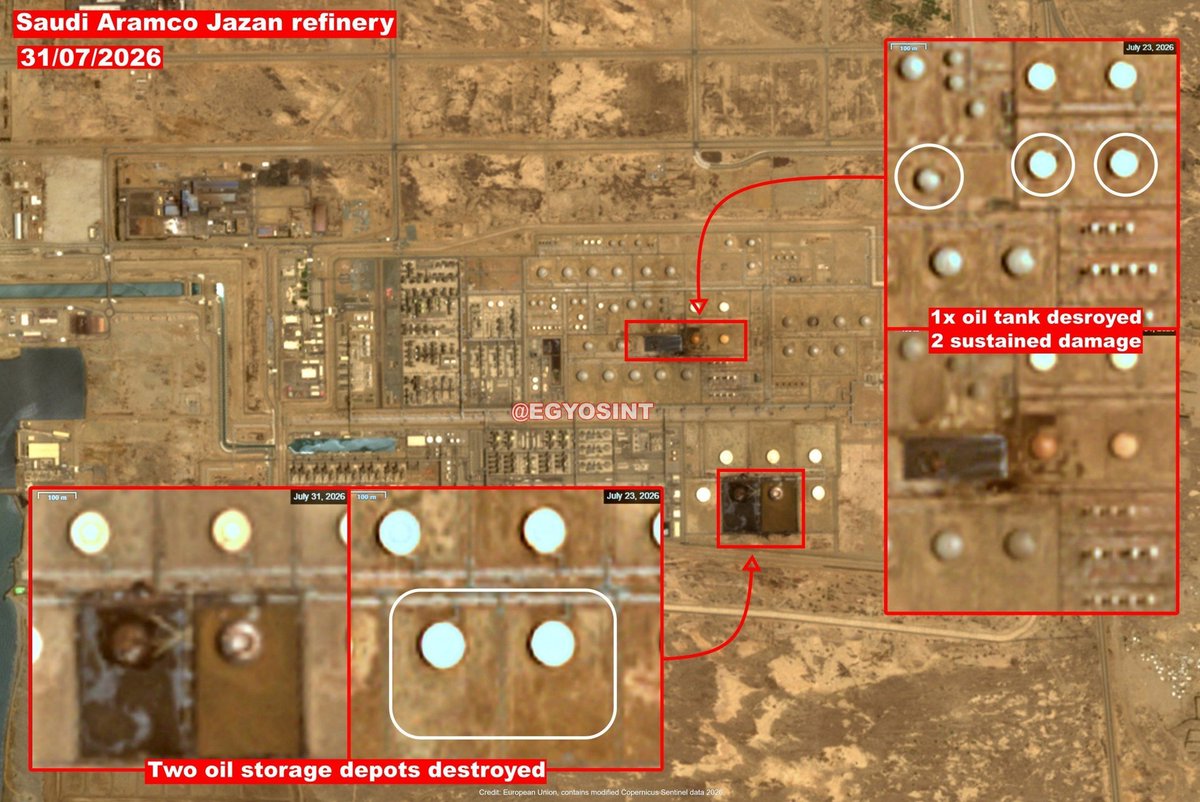 p26ph's tweet photo. صور حديثة التقطها القمر الأوروبي «Sentinel-2» 

تظهر  تدمير ثلاثة خزانات نفطية بالكامل وتضرر خزانين آخرين في مصفاة جيزان، جراء ضـــ،، ـــربات القوات المسلحة اليمنية. https://t.co/txmolSxSCu