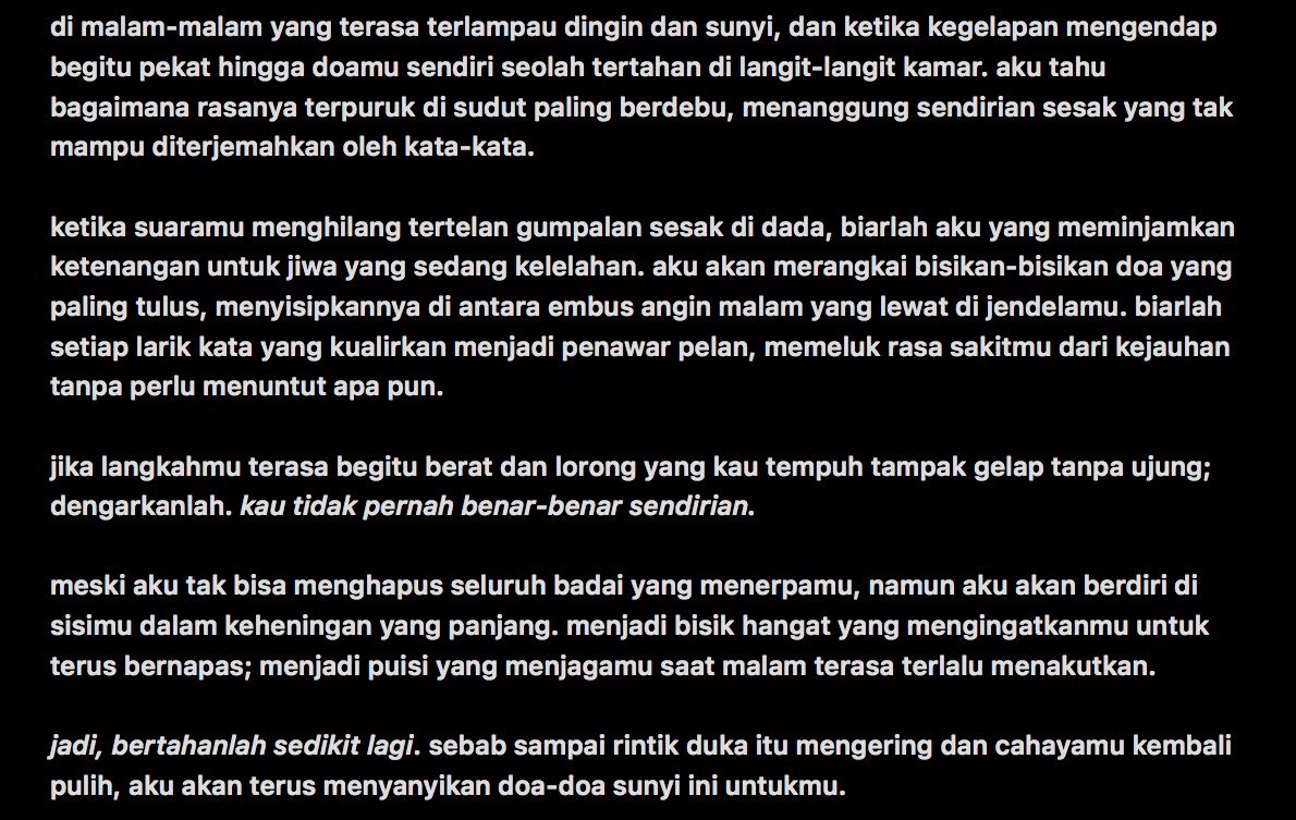 blessinum's tweet photo. di saat dunia luar terus berjalan tanpa peduli, ada duka yang sengaja kau sembunyikan rapat-rapat agar tak seorang pun melihat betapa rapuhnya engkau saat ini. #PouringPages https://t.co/PASMzXPxC7