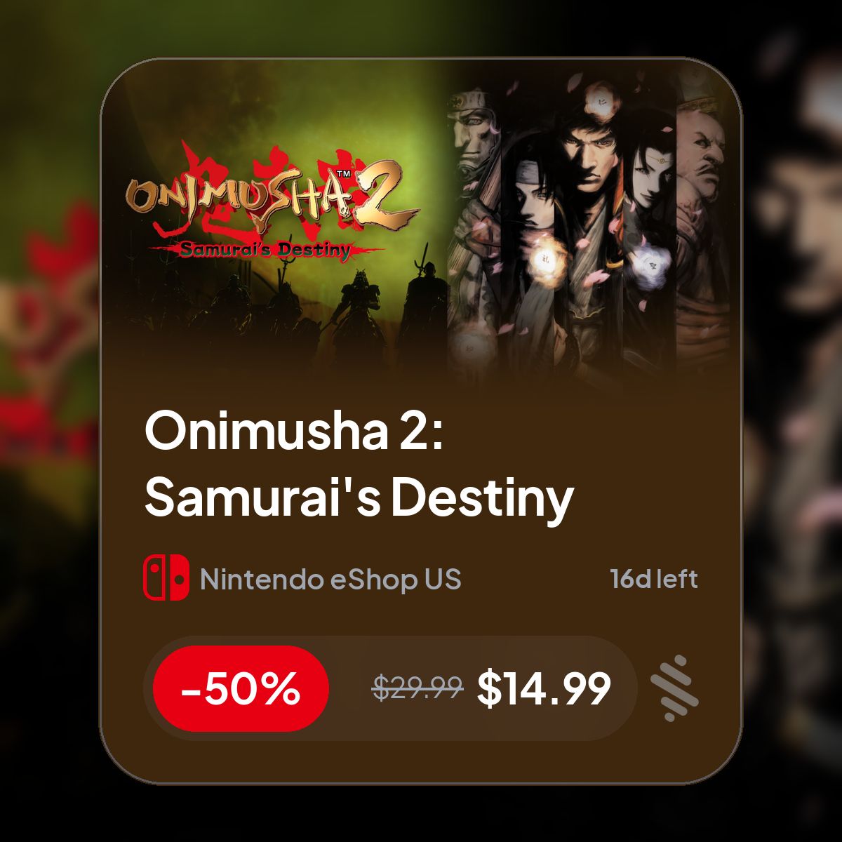 Stathetic's tweet photo. 🎮 Onimusha 2: Samurai's Destiny -50% off!
$̶2̶9̶.̶9̶9̶ $14.99 | 16d left | Nintendo eShop US

Reclaim your destiny. Onimusha 2: Samurai's Destiny returns with HD graphics...

https://t.co/4PUEVFzNgd

#NintendoDeals #NintendoSwitch #Action #Adventure #Onimusha2 #SamuraiDestiny https://t.co/rTGfKEkrYL