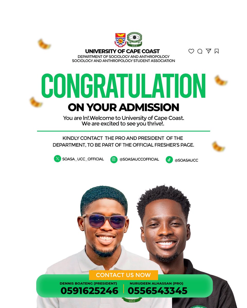 SoasaUcc's tweet photo. ARE YOU BA. SOCIAL SCIENCE??🤩
Congratulations on your admission into the best Programme in the University of Cape Coast!! 🎉 🌟📚

✔️Send us a DM now to be added to the 
OFFICIAL FRESHERS’ PAGE for Social Science students.🤝
Welcome to the UNIVERSITY OF COMPETITIVE CHOICE!🔵⚪🔴 https://t.co/9VAWSqoIeJ