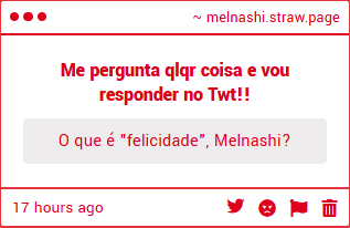 MelNashi's tweet photo. Gostei dessa pergunta e vou responder pelo meu ponto de vista: felicidade é diferente de "estar feliz" pra mim. Que nem você pode estar feliz e rir não estando em um momento bom, você também pode ficar triste tendo já alcançado a "felicidade". Pra resumir, bem resumido: + https://t.co/GnMSPy0i0n