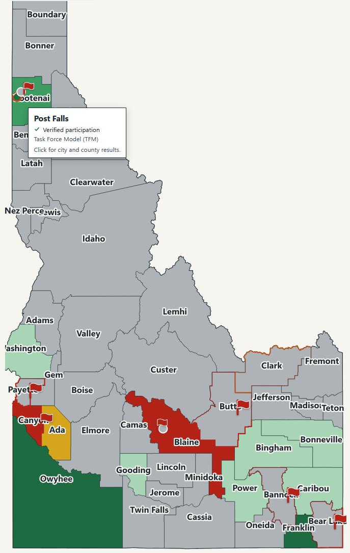 randy_westlund's tweet photo. Check out this new 287(g) map! Post Falls is still the only city in Idaho cooperating with ICE. Look up your City's contact info here and ask them to participate. They must hear the voice of the people! https://t.co/UcWTi26fIf