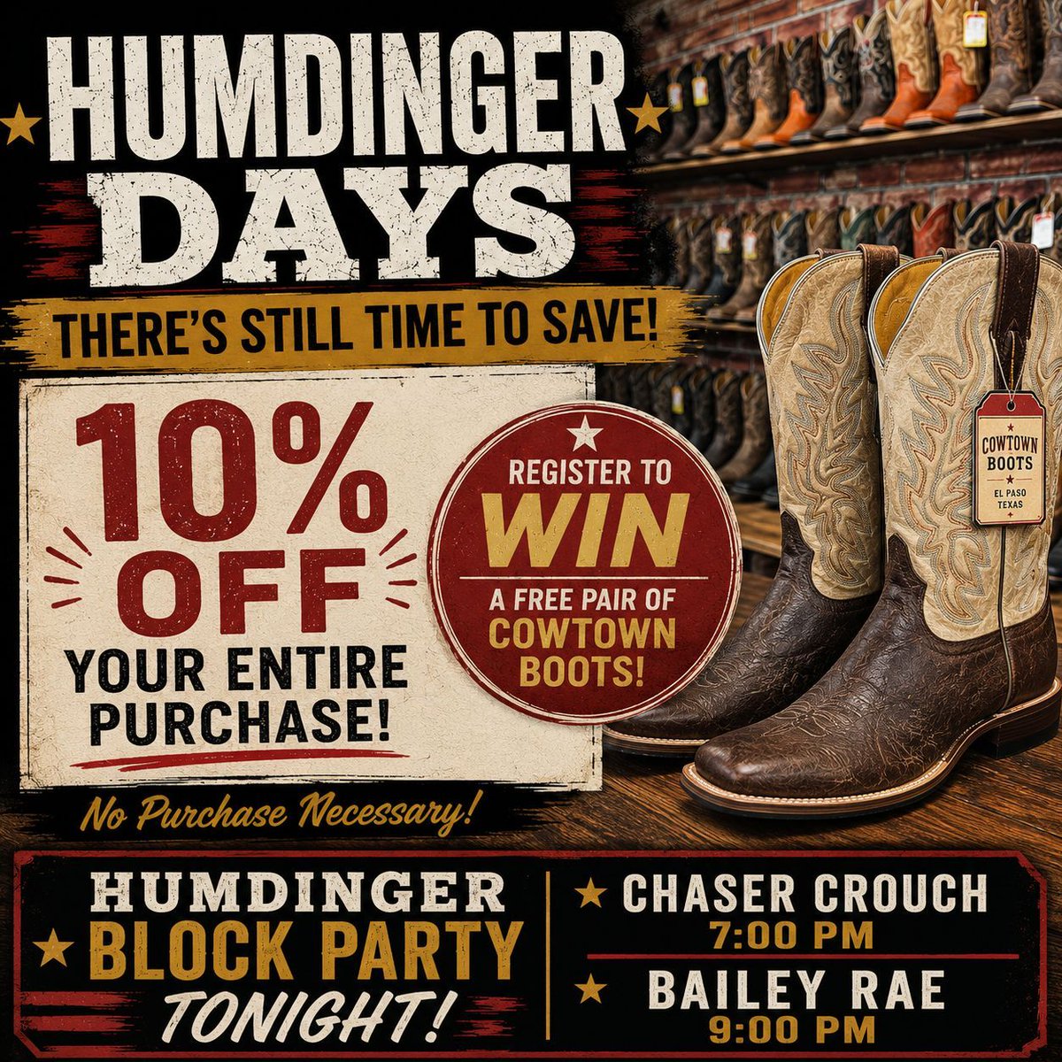 HumdingerBoots's tweet photo. 🤠 There's Still Time to Celebrate Humdinger Days!

You haven't missed out! Stop by Humdinger Boots this afternoon and save 10% OFF your entire purchase for the rest of the day.

👢 Don't forget to register for your chance to win a FREE pair of Cowtown Boots, courtesy of Cowtown Boots.
No purchase necessary.

Then stay in Valentine for the Humdinger Block Party tonight!

🎶 Chaser Crouch – 7:00 PM

🎶 Bailey Rae – 9:00 PM

It's been an incredible day, and we're not done yet. Shop this afternoon, then join us tonight for great live music and an unforgettable celebration.

We'll see you at Humdinger Boots!

Nebraska Born. Western Worn.

#HumdingerDays #HumdingerBoots #CowtownBoots #ValentineNE #ShopLocal #HumdingerBlockParty #NebraskaBornWesternWorn