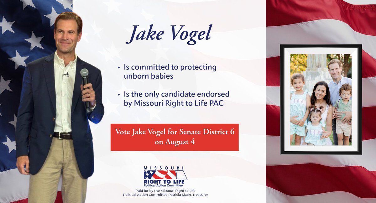 MORight2LifePAC's tweet photo. Jake Vogel is the pro-life state senator that District 6 deserves. 

Jake is committed to protecting life in Missouri and he is the ONLY candidate endorsed by Missouri Right to Life PAC. On August 4, Vote for Jake Vogel!

https://t.co/cYjczoHwqB https://t.co/7Jqzo2o2bw