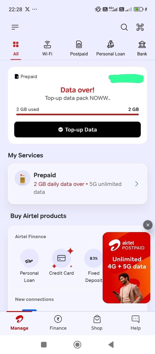 Israr979470's tweet photo. @TRAI @airtelindia द्वारा खुलेआम कस्टमर के साथ खुली लूट की जा रही है। मैने 2GB के साथ 5जी unlimited डाटा वाला रिचार्ज किया था ।लेकिन रोज 2जीबी डाटा खत्म होने के बाद मेरा NET चलना बंद कर देते हैं।और डाटा समाप्त का नोटिफिकेशन आ जाता है। अनलिमिटेड 5G बोलकर ग्राहकों के साथ धोखा। https://t.co/siXeIJNTyq