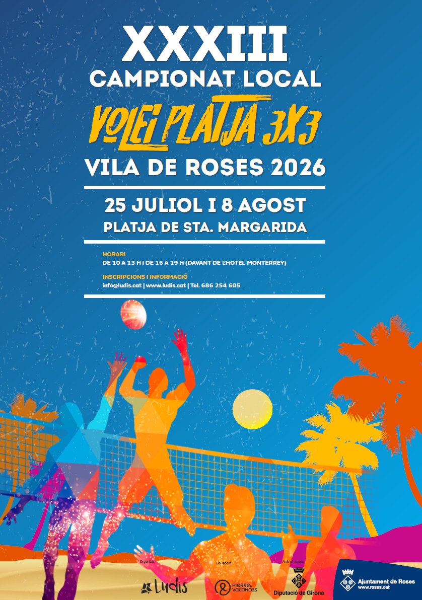 AjRoses's tweet photo. 🏐 Dissabte vinent, segon torneig del XXXIII Campionat Local 'Vila de Roses' de vòlei platja 3x3! No us el perdeu! 😎
🗓️ 8 d'agost, a partir de les 9 h.
📍 Platja de Santa Margarida.
👉 Més informació i inscripcions: https://t.co/ppFbxMSuk8
#aRoses https://t.co/GGwPx1YiHo