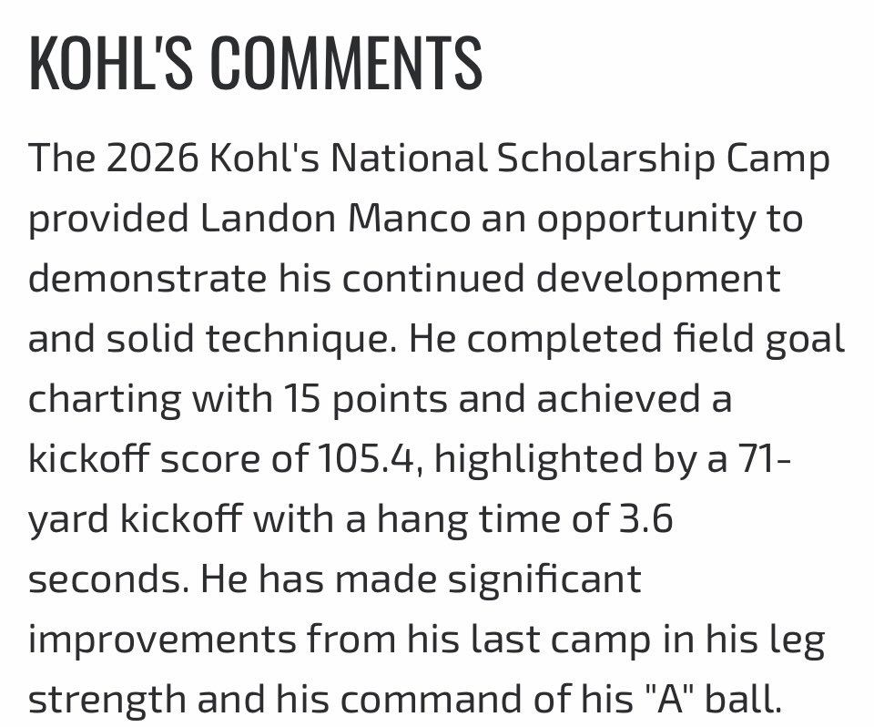 LandonManco27's tweet photo. After a great Kohls National Scholarship camp in Gatlinburg I am grateful to be ranked a 4.5⭐️ kicker! Excited to get my senior season started and ready to keep working! 
@CoachZangriles @CoachMyersFB @NPGrizzliesFB @CoachSeibert43 @CoachSchnabel @CoachMW_51 @Coach_KalamaK https://t.co/iI6lfJ3X4E