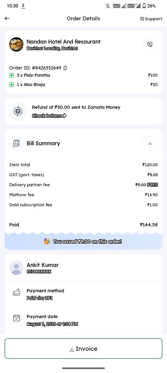 Triptysharma3's tweet photo. @zomatocare @zomato 
I ordered Paratha Bhujiya for ₹144, but received a completely wrong item (Puri &amp; Aalu Sev). Your app only refunded ₹30! This is unfair. Please refund my full amount of ₹144. Order ID: [#8426352649] https://t.co/ZGd539bZql