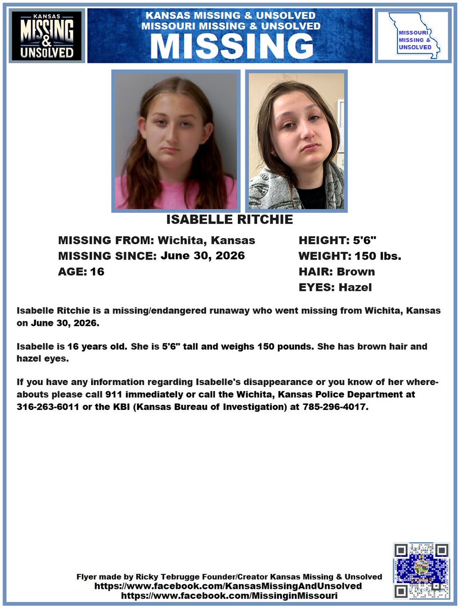 KansasMissing's tweet photo. #MISSINGPERSON #MISSING PLEASE SHARE/PRINT/POST!!! ISABELLE RITCHIE (WICHITA, KANSAS)!!!

***NEW PHOTO ADDED!!!***

#KansasMissing 
#kansasmissingperson 
#MissingInKS 
#MissingInKansas 
#missingkansan 
#Wichita 
#Kansas
@AnnetteLawless https://t.co/RIiVSnUA4o