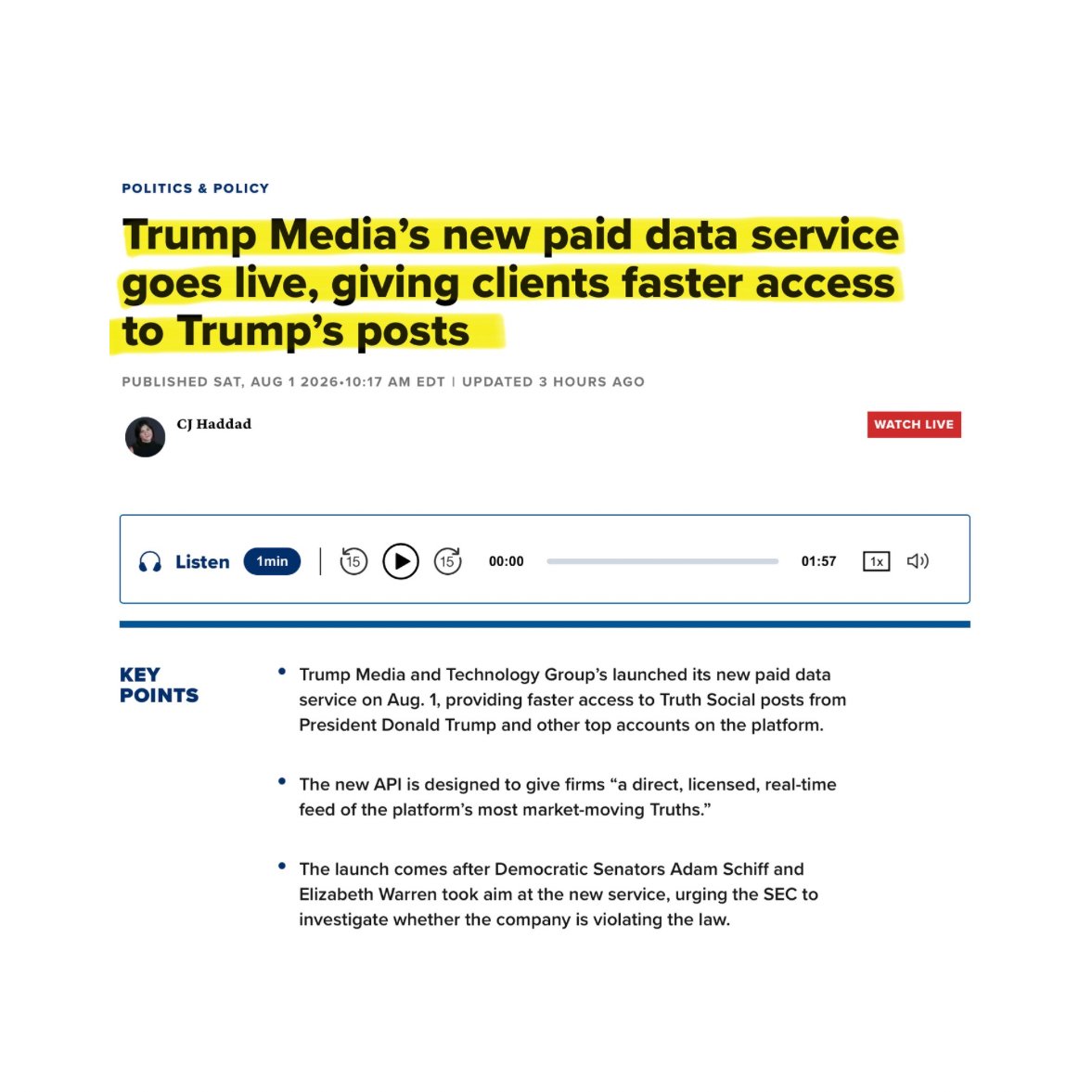 BullTheoryio's tweet photo. BREAKING: Trump Media officially launches paid service selling faster access to Trump's Truth Social posts.

Trading firms pay up to $100,000 a month to get his market-moving posts milliseconds before the public. https://t.co/cEHPLuzSCc