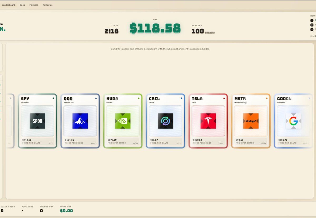 GachaStocks's tweet photo. Everything should now be running smoothly.

Thank you for your continued patience while we worked through the launch issues.

We've already paid out roughly $1,277.60 in tokenized stocks, with our largest prize so far worth $650.03.

Hold at least 10,000 $GACHA to qualify for the next round.

https://t.co/nJgSYuh8n1