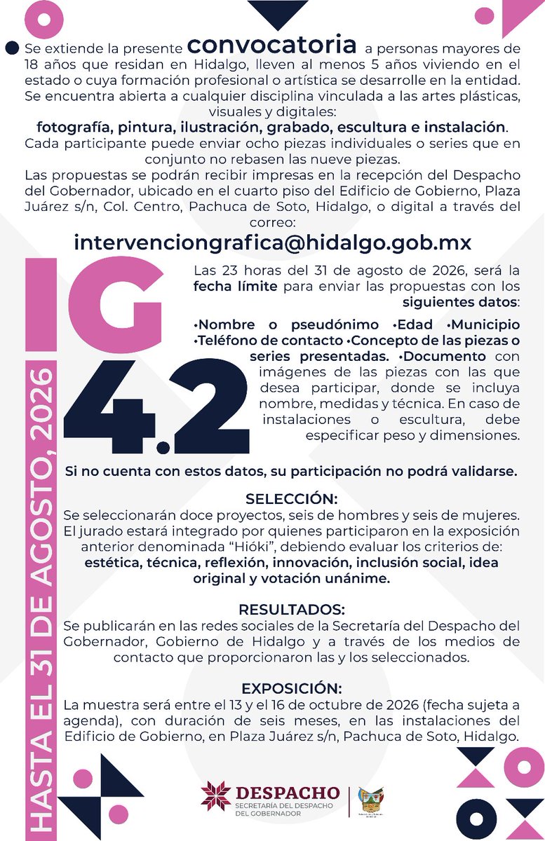 La_Region_Tula's tweet photo. ¡Muestra tu talento!🎭 La convocatoria de la Intervención Gráfica 4.2 ya está abierta y tú puedes ser parte de esta exposición colectiva.

🎨Las propuestas se recibirán en el edificio del Gobierno de Hidalgo y al correo intervenciongrafica@hidalgo.gob.mx

¡Tienes hasta el 31 de agosto para participar!📸