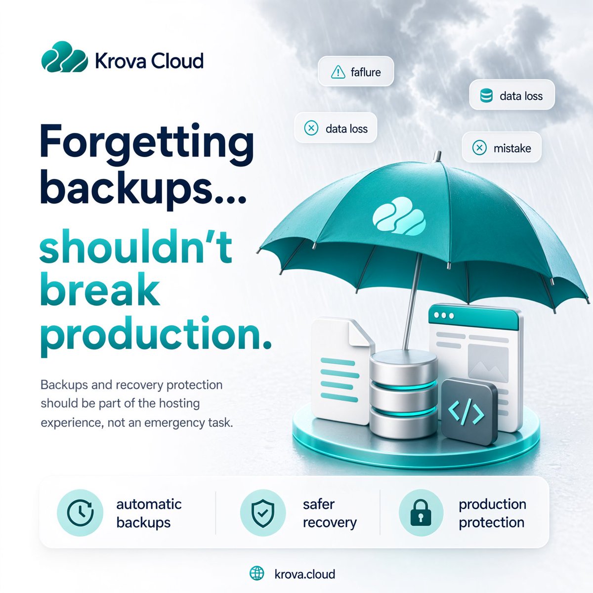 krovacloud's tweet photo. Mistakes happen.

Failures happen.

Data loss happens.

Your backups shouldn't depend on memory.

With Krova Cloud:

✅ Automatic backups
✅ Faster recovery
✅ Production protection
Infrastructure built for resilience.
🌐 https://t.co/J55Hf9hC6D https://t.co/JHac6yuFcA