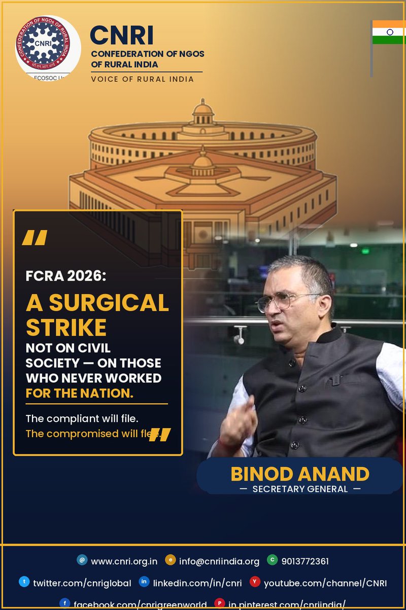 binodrp's tweet photo. पचास साल का ये सफ़र, आख़िर में, एक बदलते संतुलन की कहानी है। जो 1976 में 'हिसाब बताओ' वाला कानून था, वो आज पारदर्शिता, जवाबदेही, वित्तीय ईमानदारी और संप्रभु निगरानी पर टिका एक परिपक्व ढाँचा है। और जैसे-जैसे भारत 2047 के विकसित राष्ट्र के सपने की ओर बढ़ेगा, सवाल ये नहीं रहेगा कि विदेशी दान जारी रहे या नहीं — रहेगा भी और रहना भी चाहिए। सवाल ये रहेगा कि देश में आने वाला हर विदेशी रुपया पारदर्शी हो, जवाबदेह हो, कानूनी हो, और भारत के संविधान, लोकतंत्र और राष्ट्रहित से पूरी तरह मेल खाता हो।
यही 2026 के कानून का असली मतलब है। ये दुनिया के ख़िलाफ़ खड़ी कोई दीवार नहीं। ये एक सर्जिकल स्ट्राइक है — नपी-तुली, सटीक और सिद्धांतों वाली — बस उन लोगों पर, और सिर्फ़ उन्हीं पर, जो विदेशी पैसे को इस देश के हित के ख़िलाफ़ इस्तेमाल करते हैं। और जो ईमानदारी से इस देश के किसानों, मरीज़ों, बच्चों और ग़रीबों की सेवा कर रहे हैं, उनके लिए बात एक ही पंक्ति में समझ लीजिए: ये कानून आपका दुश्मन नहीं — आपकी गवाही है, आपका अलीबाई है। जो सच्चा है वो फ़ॉर्म भरेगा; जो दागी है वो भागेगा। और जब दागी भागेंगे, तो जो जगह ख़ाली होगी, वो आख़िरकार उन्हीं की होगी — जो हमेशा से राष्ट्रहित के लिए काम कर रहे थे।

#FCRA2026 #FCRAAmendment #ForeignFunding #NationalSecurity #TransparentFunding #Accountability #Sovereignty #IndiaFirst #NationalInterest #FinancialTransparency #GovernanceReforms #RuleOfLaw #PublicAccountability #CivilSociety #ForeignInfluence #SecureIndia #PolicyReforms #DemocraticIntegrity #StrategicGovernance #ViksitBharat #NewIndia #AtmanirbharBharat #GoodGovernance #Research #PolicyAnalysis #BharatFirst #NationAboveAll #TransparentGovernance #SecurityFirst #India